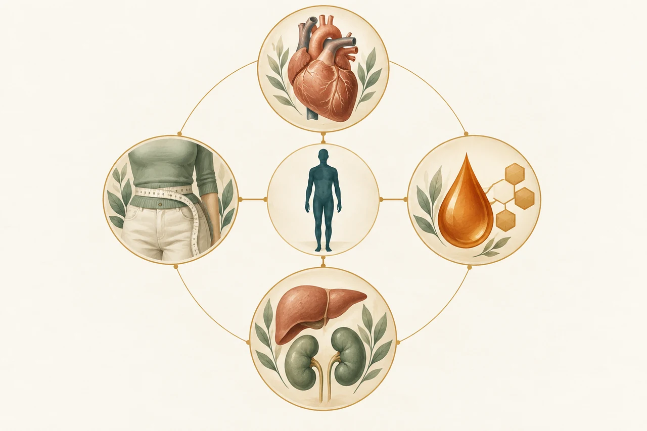 Conceptual relationship map with a person at the center, surrounded by a heart, waist measurement, blood sugar symbol, kidneys, and liver.